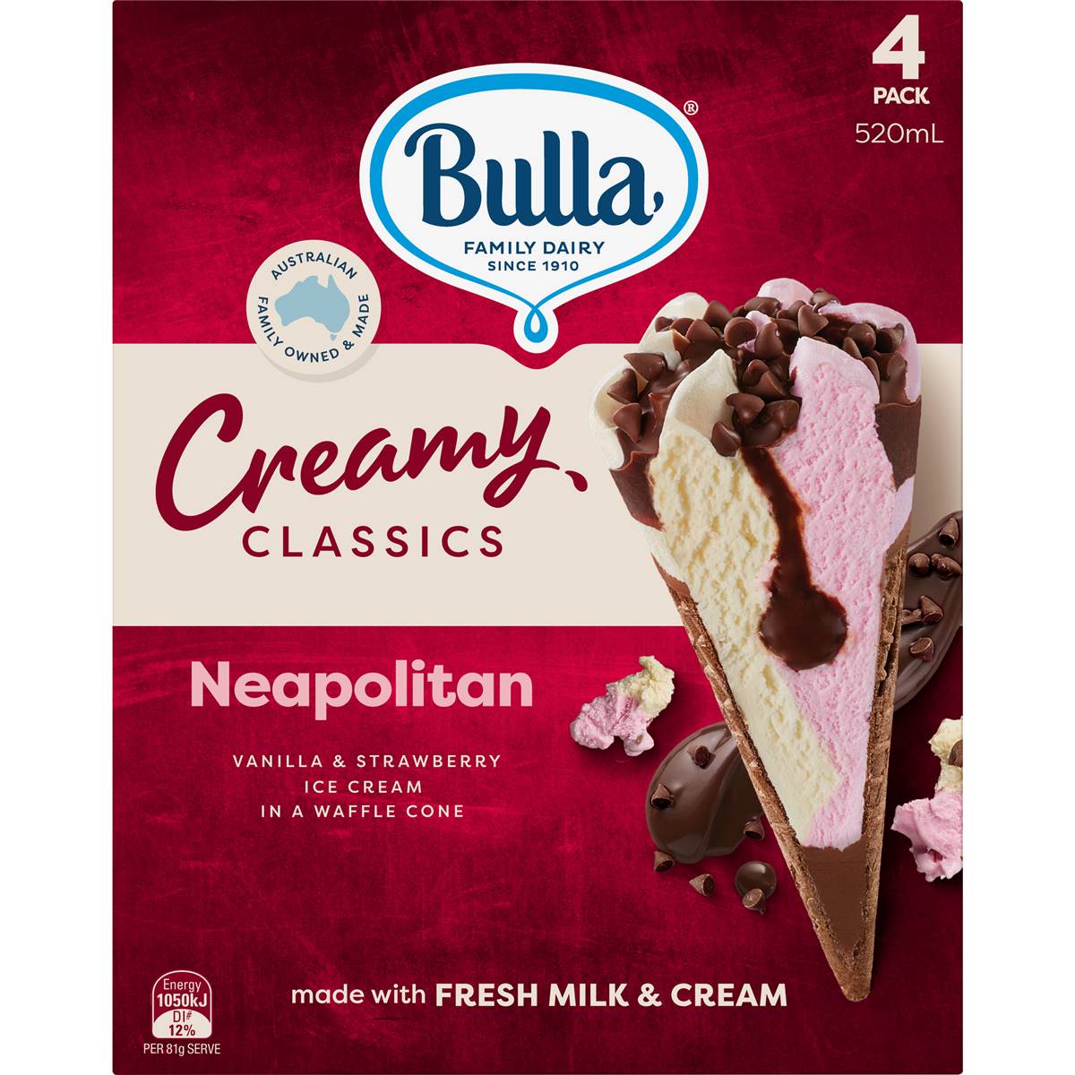 Bulla Creamy Classics Neapolitan Cones 4 Pack Woolworths