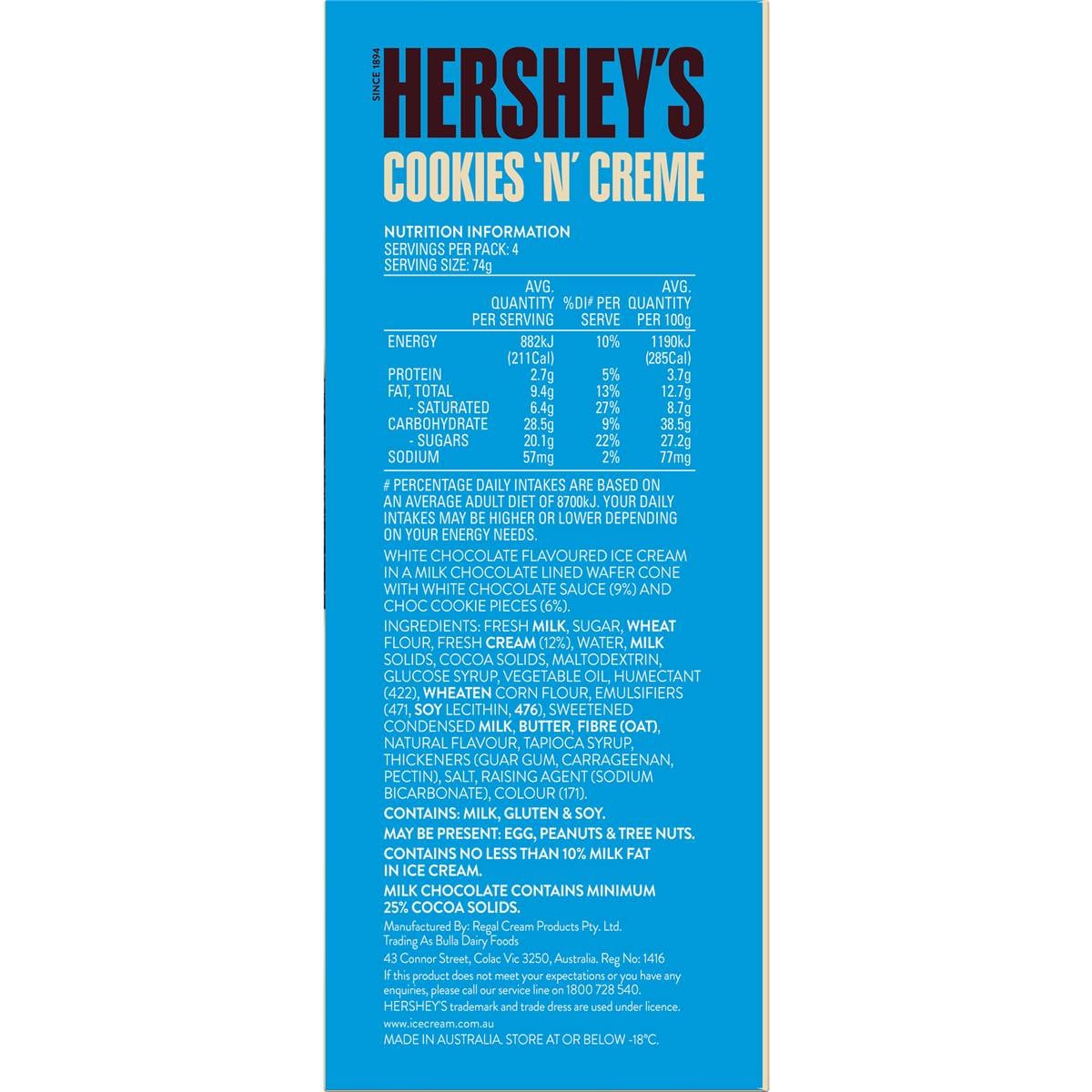 Hershey's Cookies & Creme Ice Cream Cones 4 Pack Woolworths