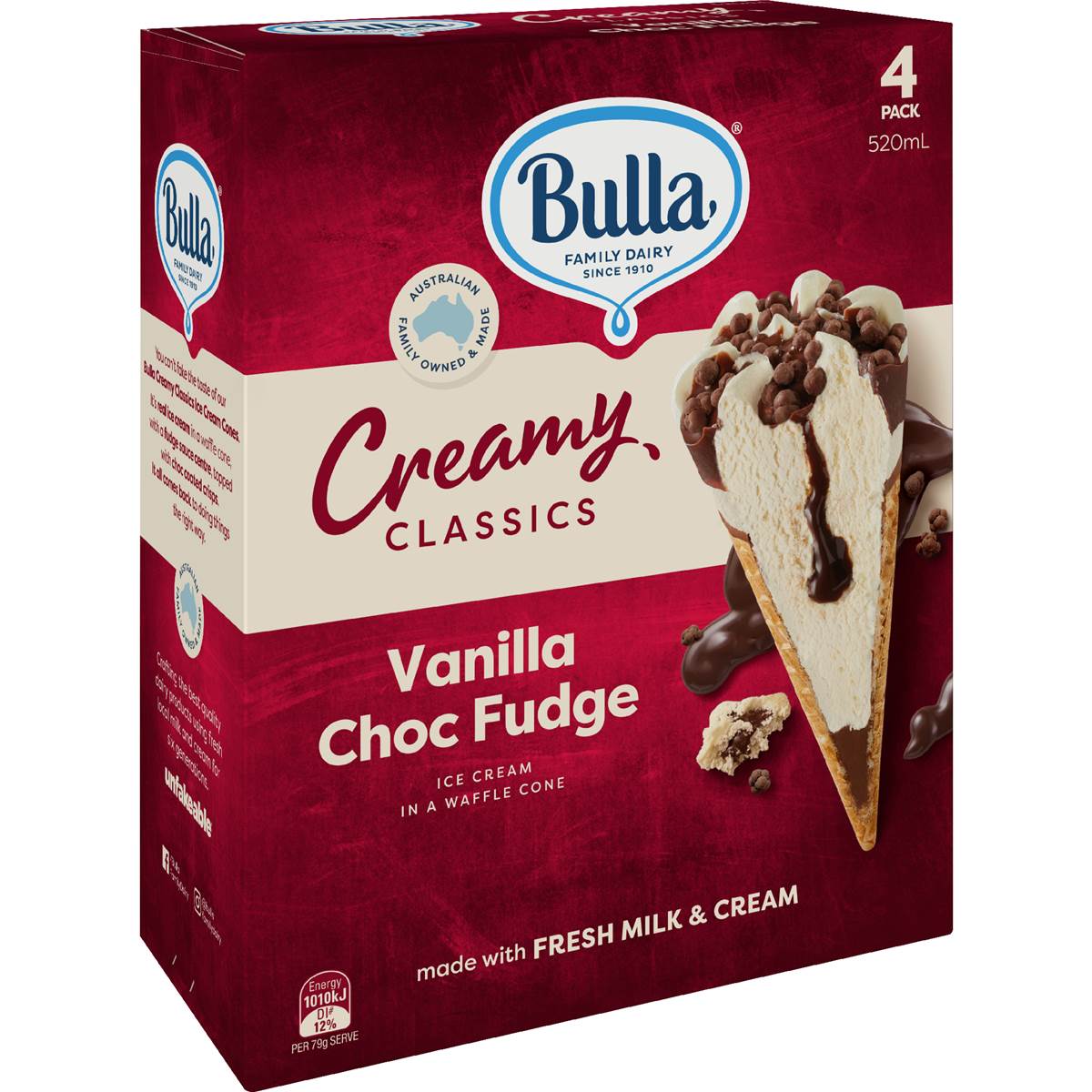 Bulla Creamy Classics Cones Vanilla Fudge 4 pack