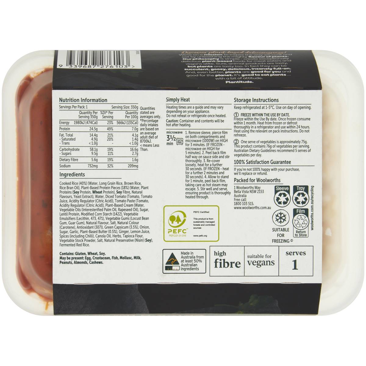 Woolworths Plantitude Plantbased Butter Chicken With Rice 350g