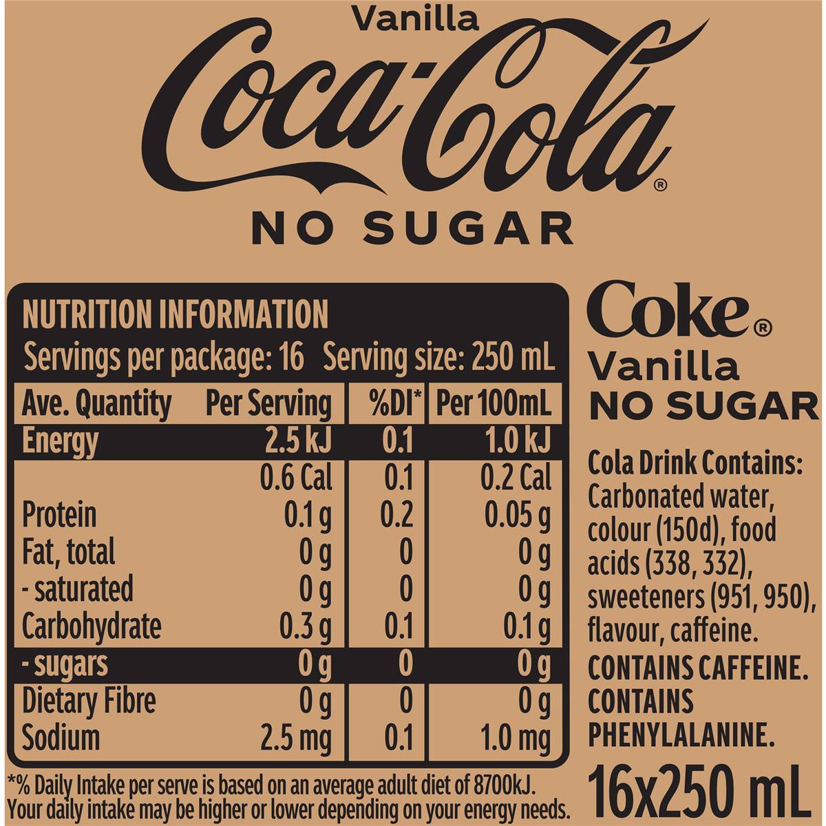 Coca Cola Vanilla No Sugar Bottles 250ml X 16 Pack Woolworths 5234