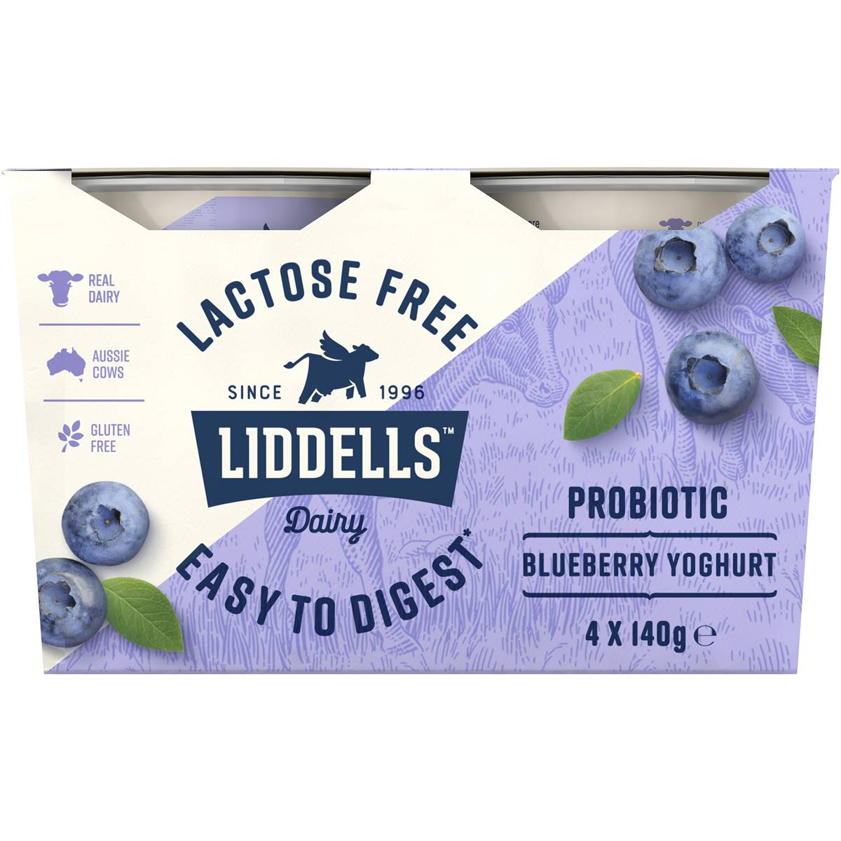 Liddells Lactose Free Probiotic Yoghurt Blueberry 140g X 4 Pack