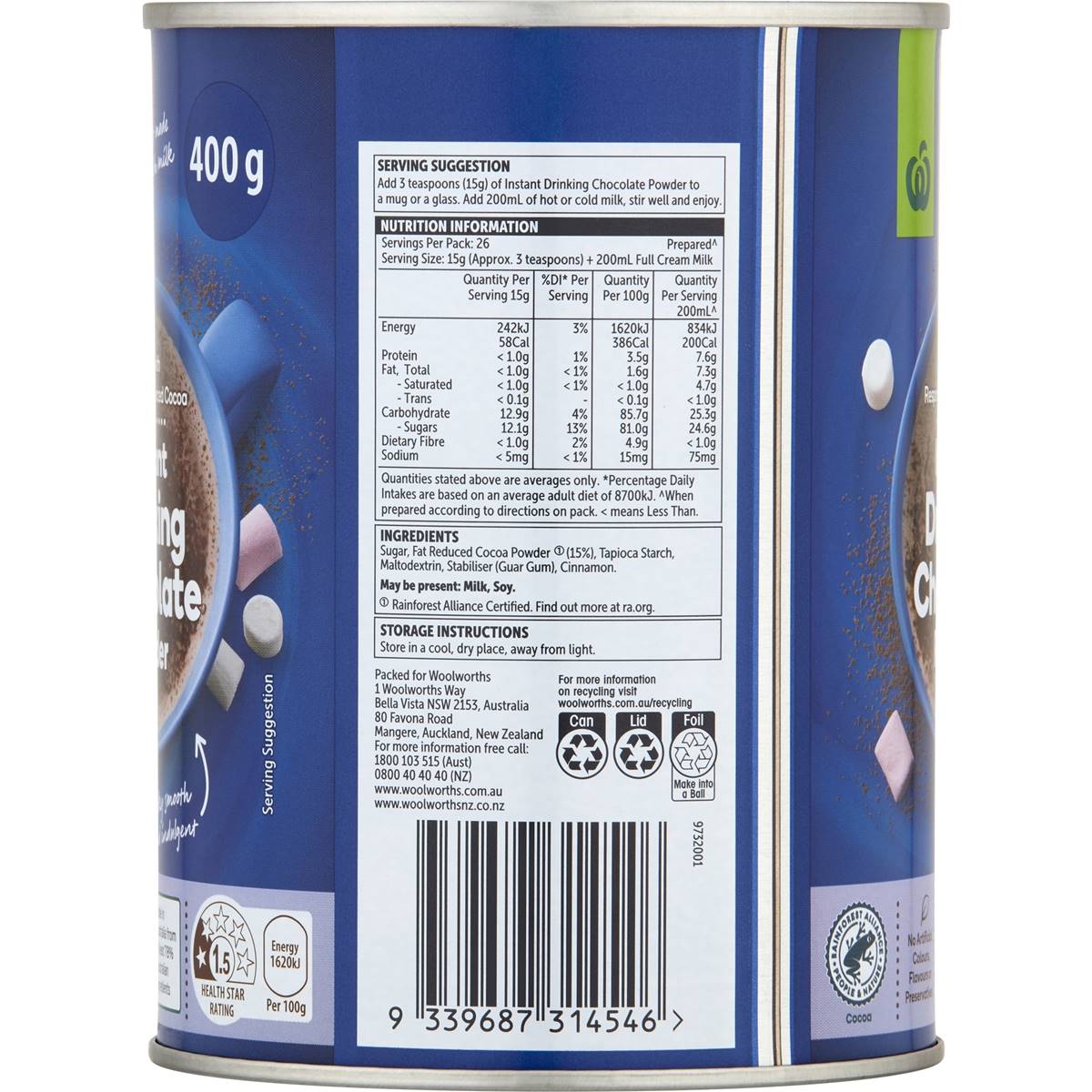 Woolworths Instant Chocolate Powdered Drink 400g Woolworths