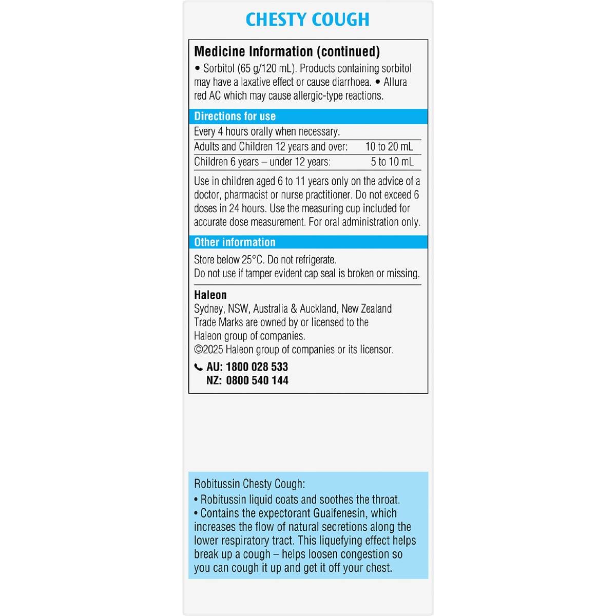 Robitussin Chesty Cough Oral Liquid For Chest Congestion Raspberry 200ml Woolworths