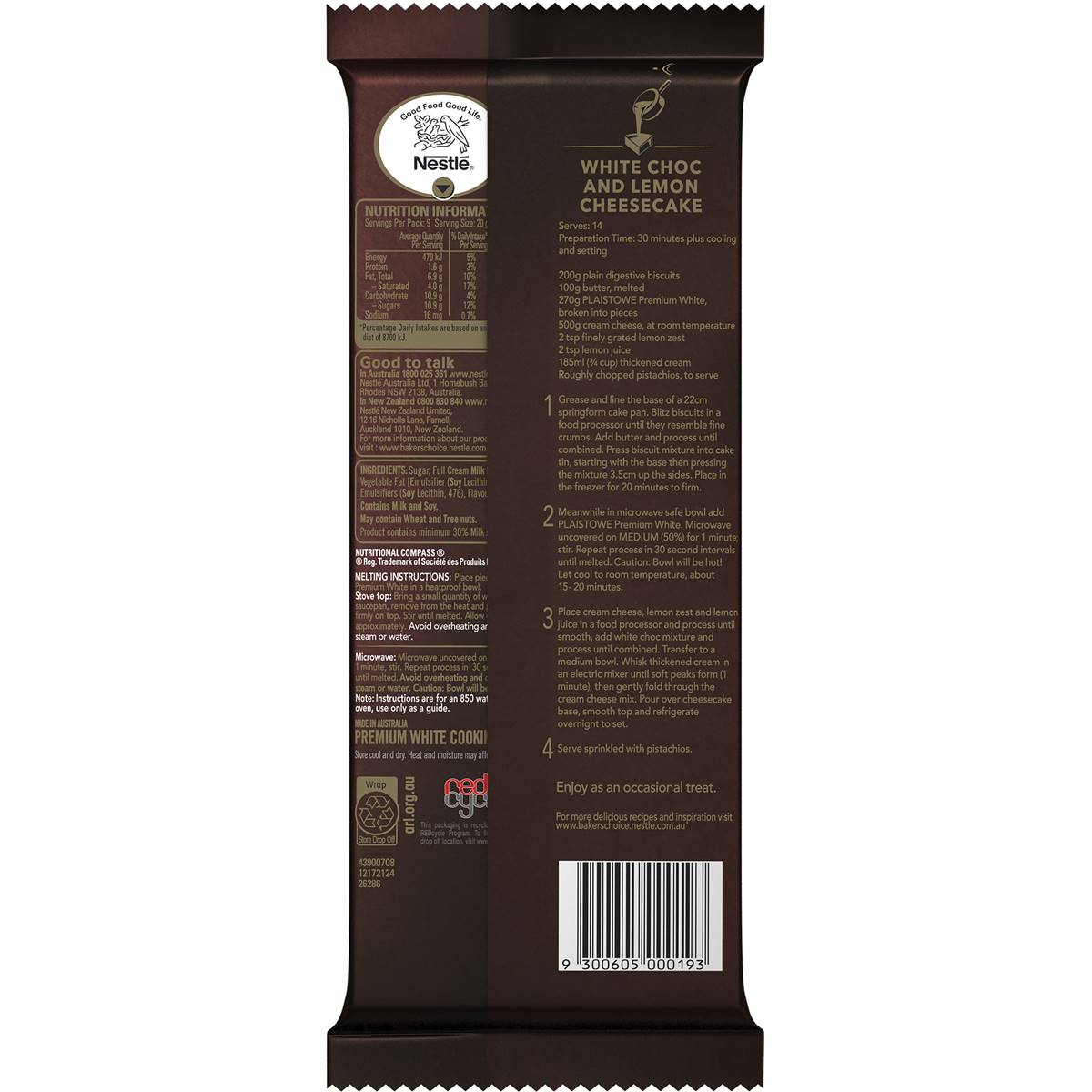 Nestle Plaistowe White Chocolate Baking Block 180g Woolworths