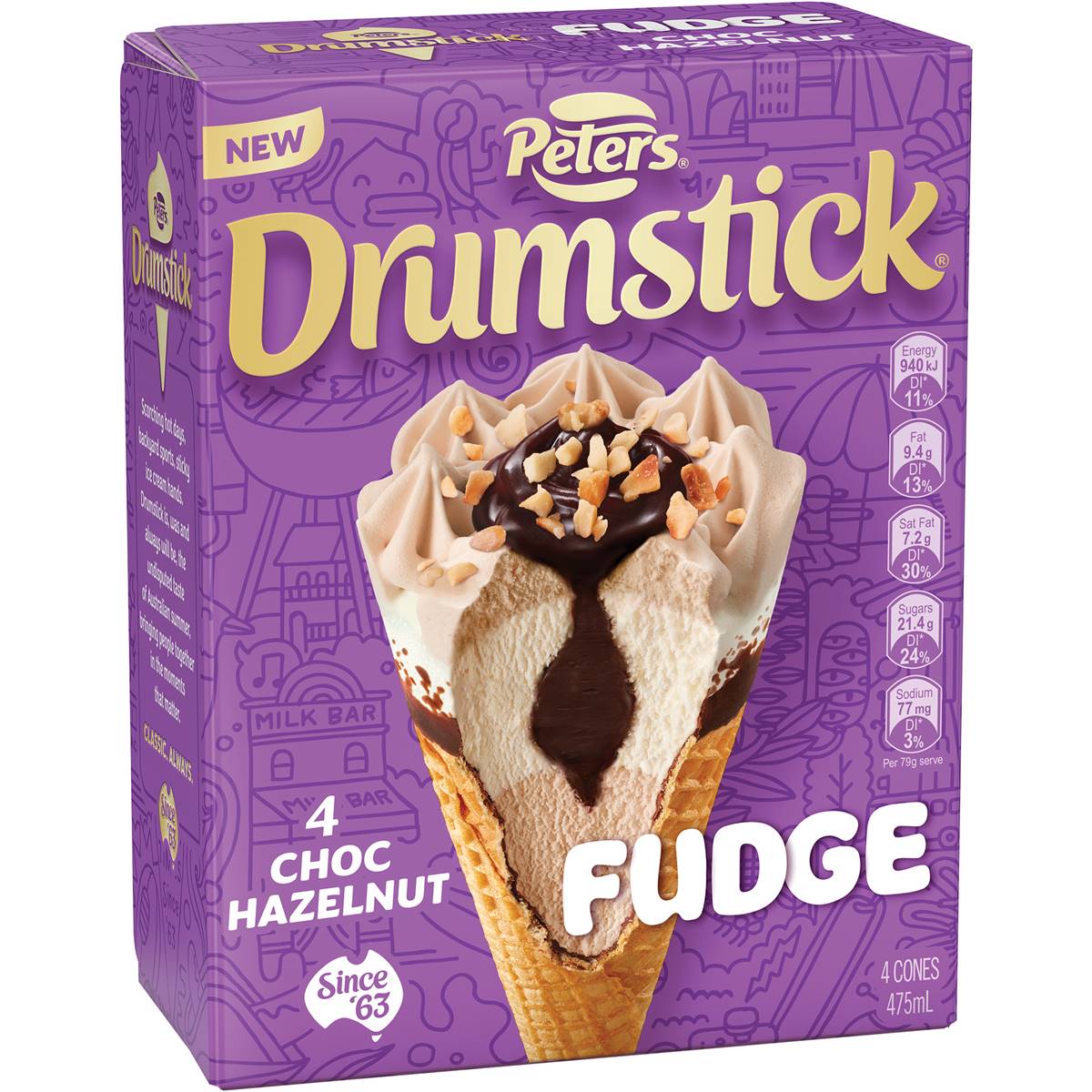 Peters Drumstick Fudge Choc Hazelnut Ice Cream Cones 4 Pack Woolworths