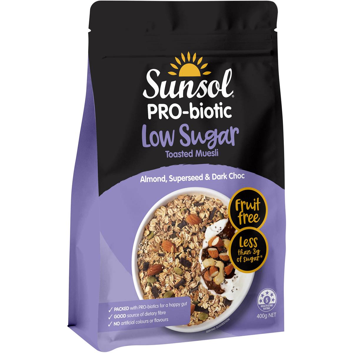 Sunsol Low Sugar Almond Superseed & Dark Choc Muesli 400g Woolworths