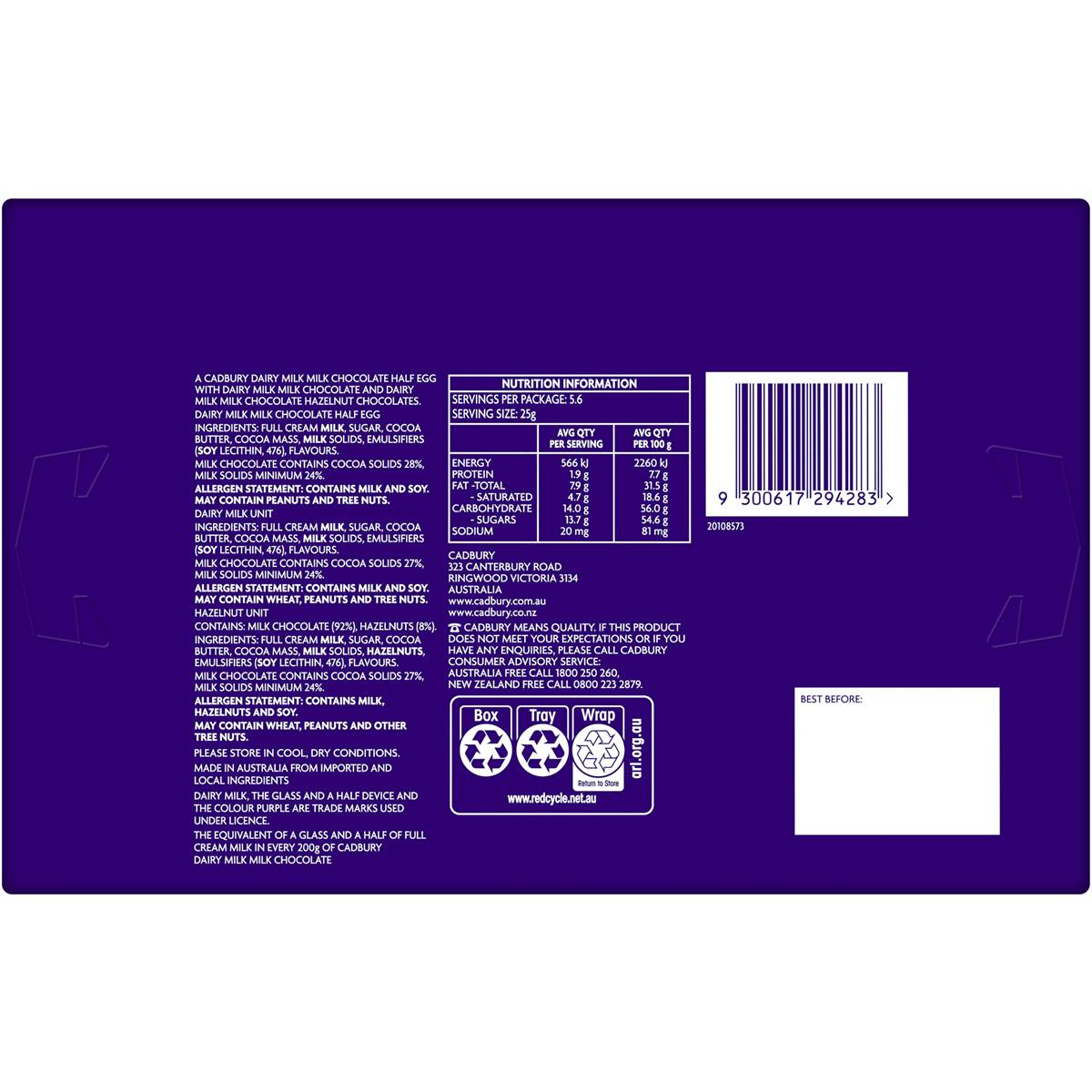 Cadbury Dairy Milk Hazelnut Easter Egg 140g Woolworths