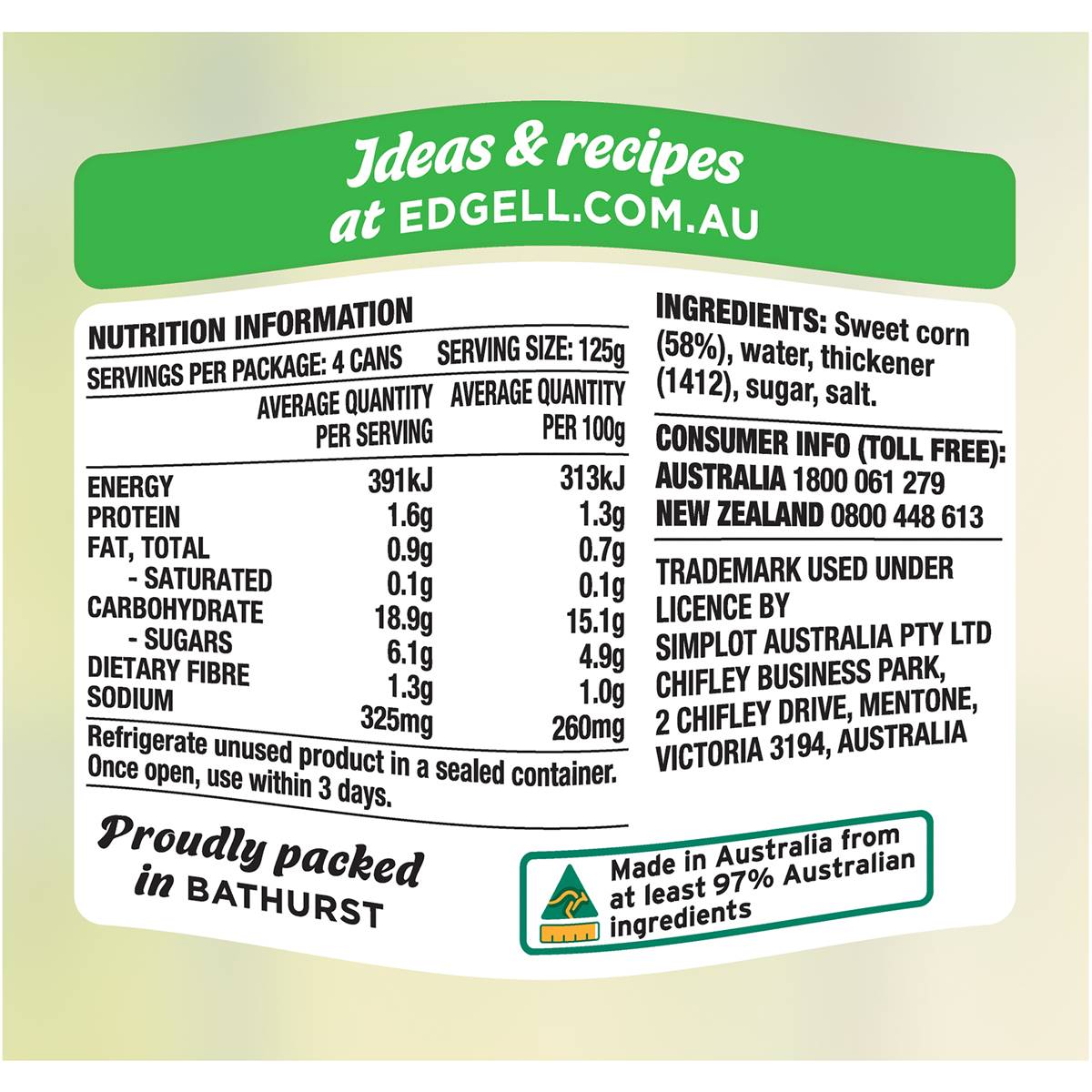 Edgell Creamed Corn Value Pack 4x125g Woolworths
