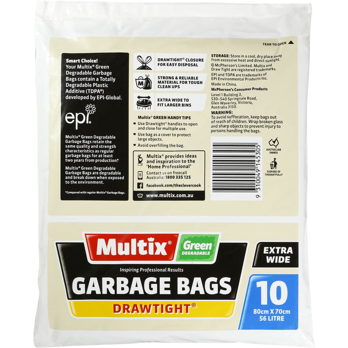 Multix Drawtight Degradable Garbage Bags 56l 10pk Woolworths