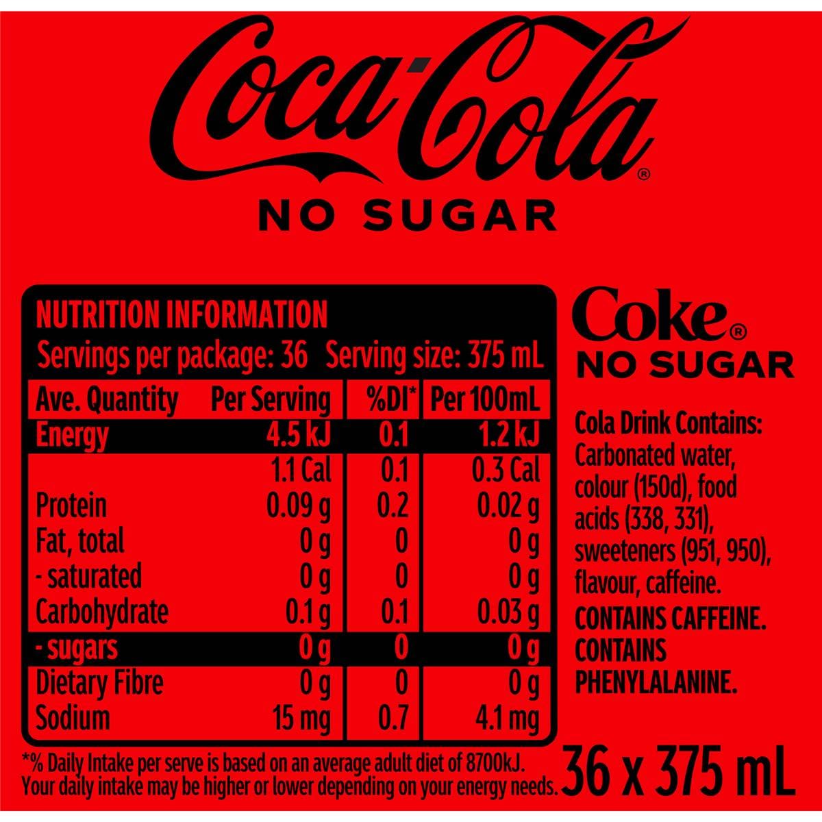 Cocacola No Sugar Cans 36 X 375ml Woolworths