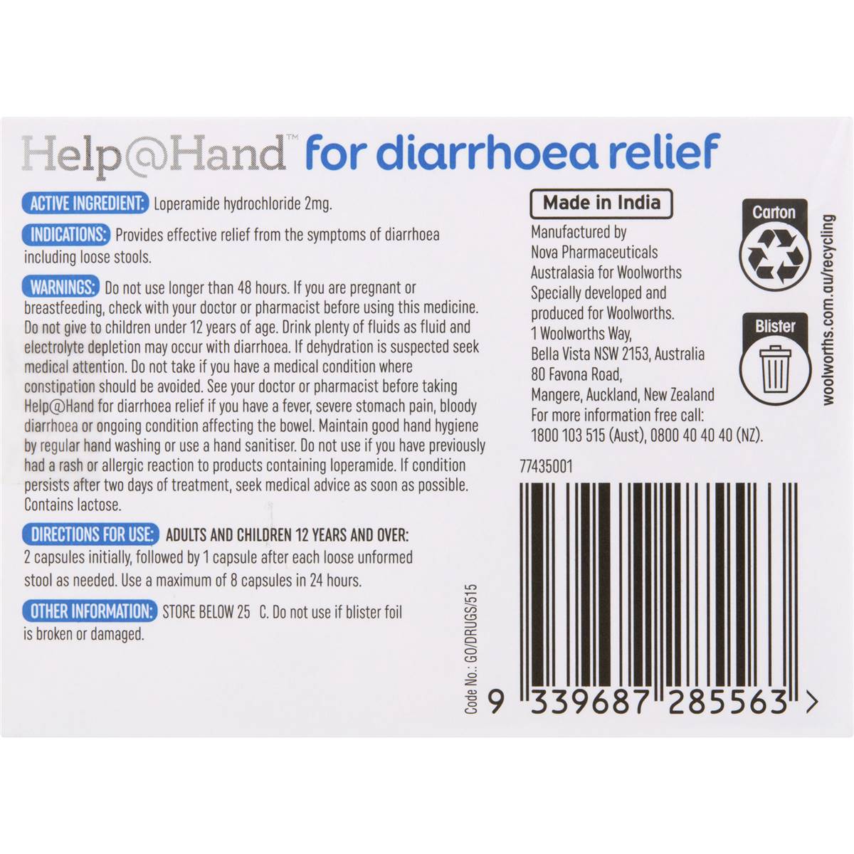 Helphand Diarrhoea Relief Capsules 8 Pack Woolworths