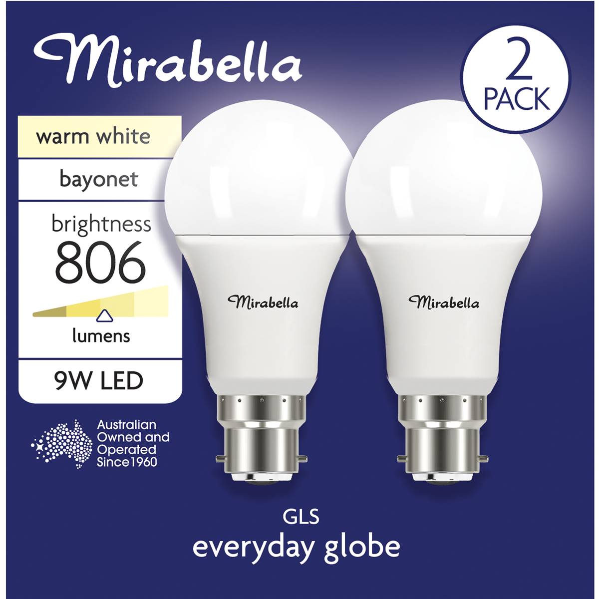 Mirabella Led Gls Cap 9w 806lm Warm White Light Globe 2 Pack