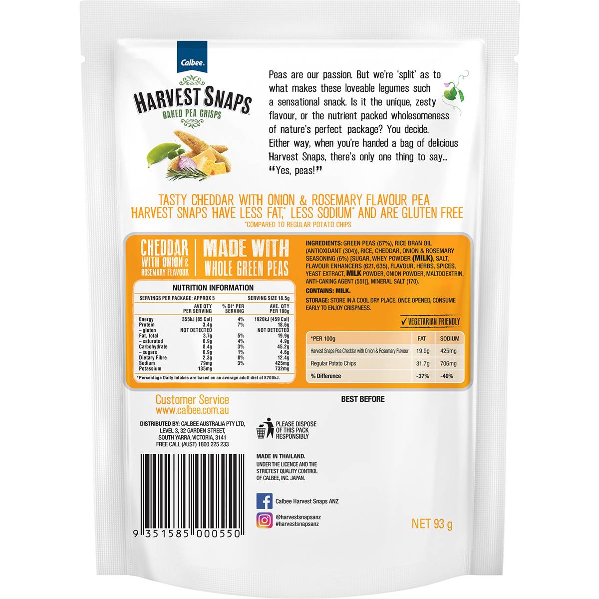 Calbee Harvest Snaps Baked Pea Crisps Cheddar With Onion & Rosemary 93g Woolworths