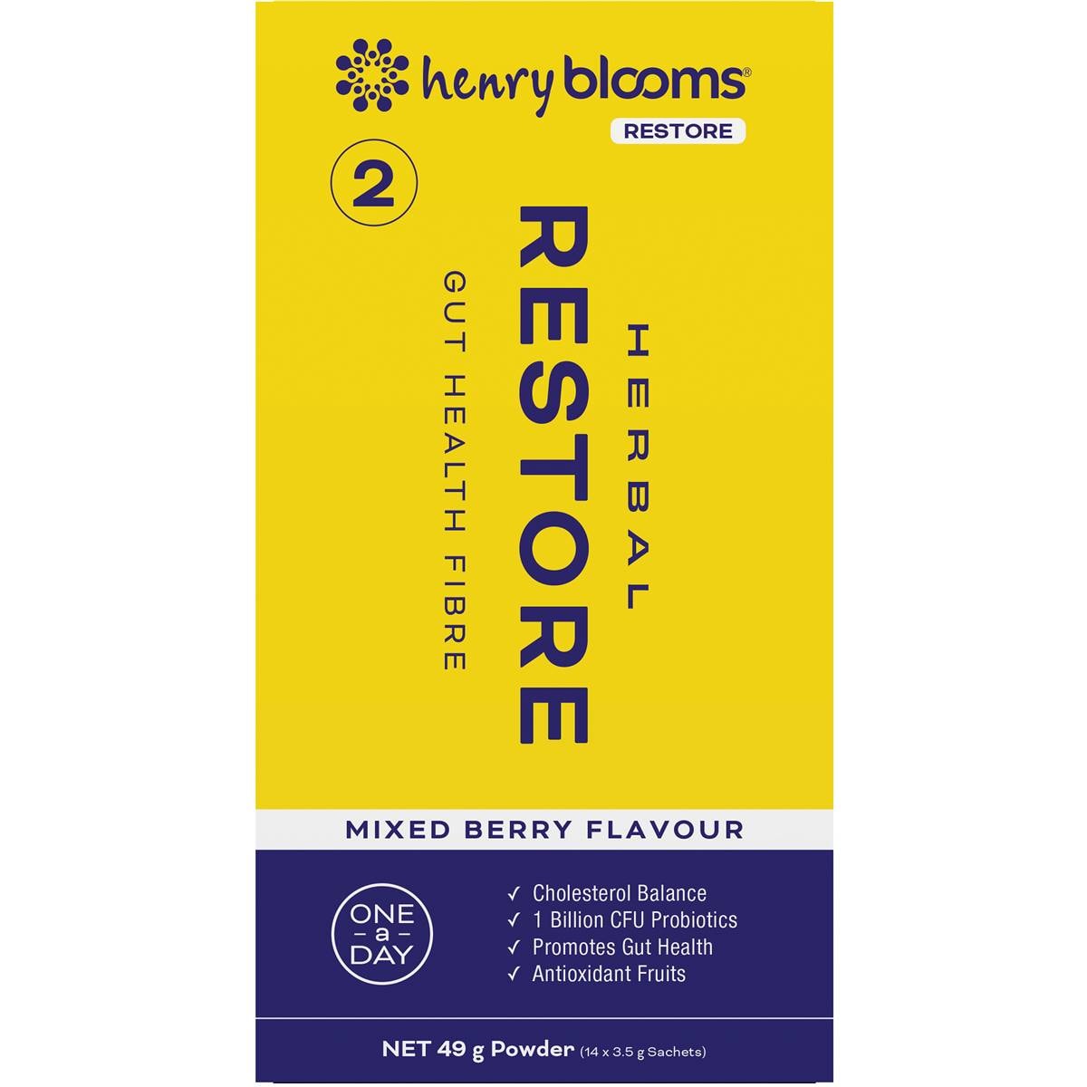 Henry Blooms Herbal Restore Gut Health Fibre Mixed Berry Flavour 49g