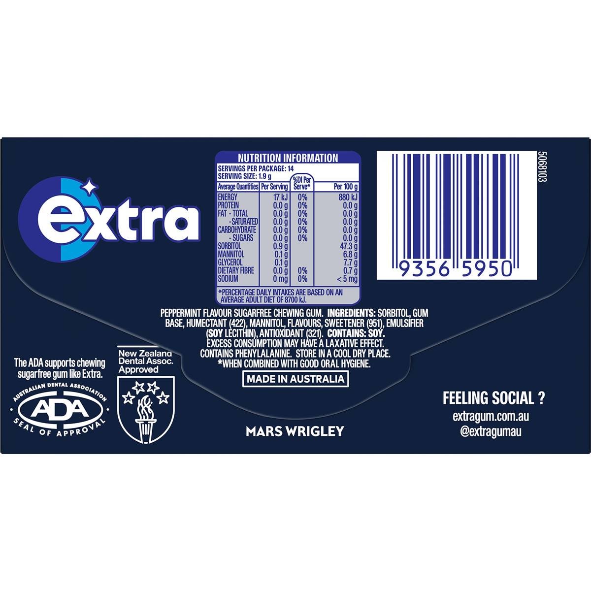Extra Intense Mint Sugar Free Chewing Gum 14pc 27g Woolworths
