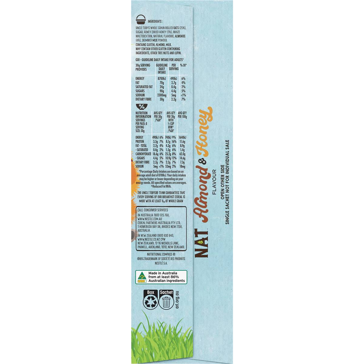 Uncle Tobys Nat Oat Sachets Almond Honey Porridge 8 Pack Woolworths