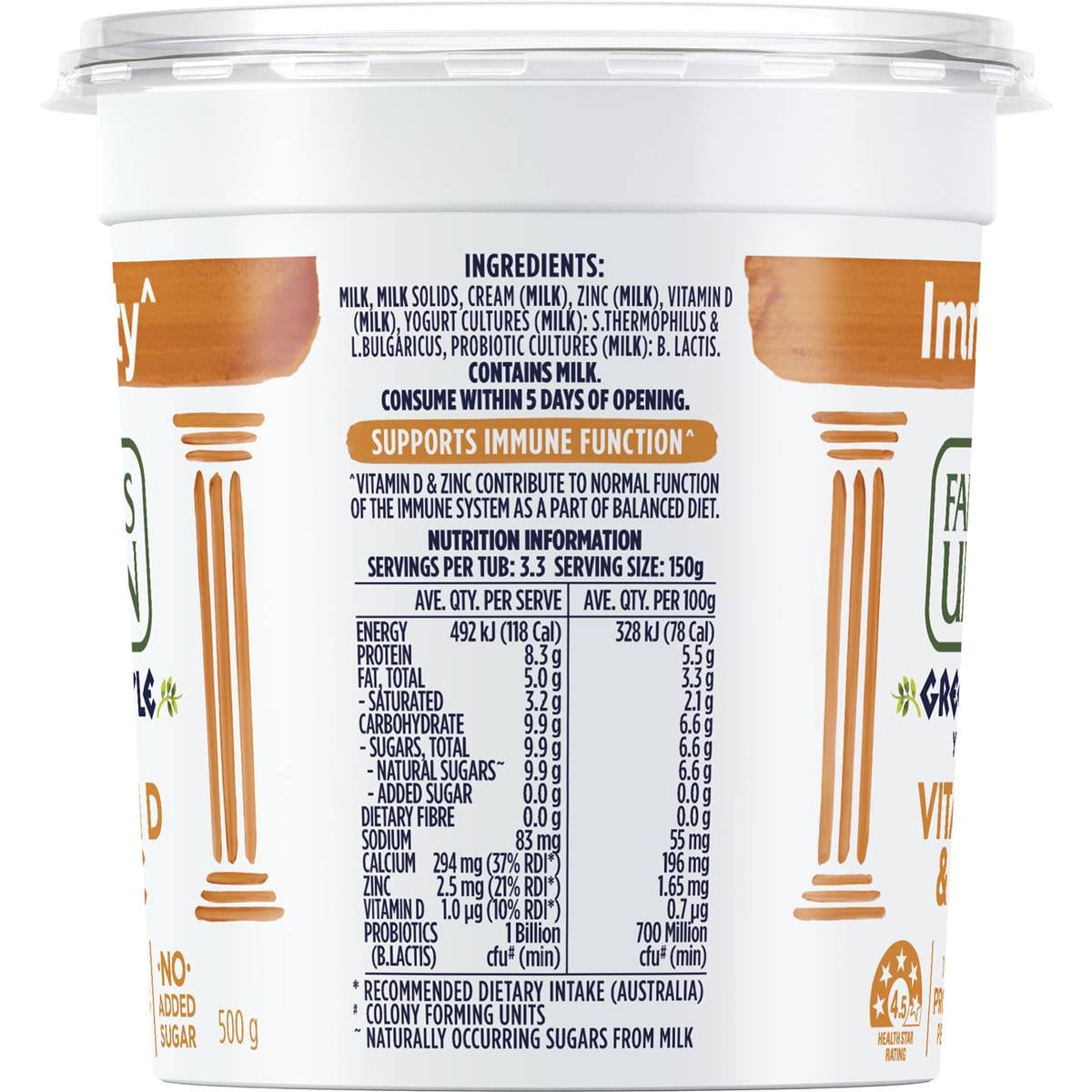 Farmers Union Greek Style Yoghurt Immunity Vitamin D & Zinc 500g