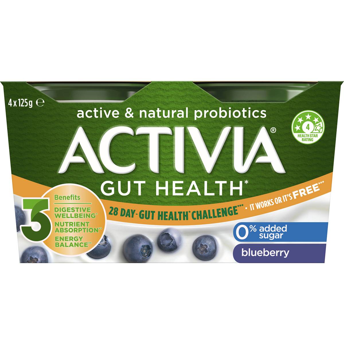 Activia Danone Probiotic Yoghurt No Added Sugar Blueberry 125g X 4 Pack