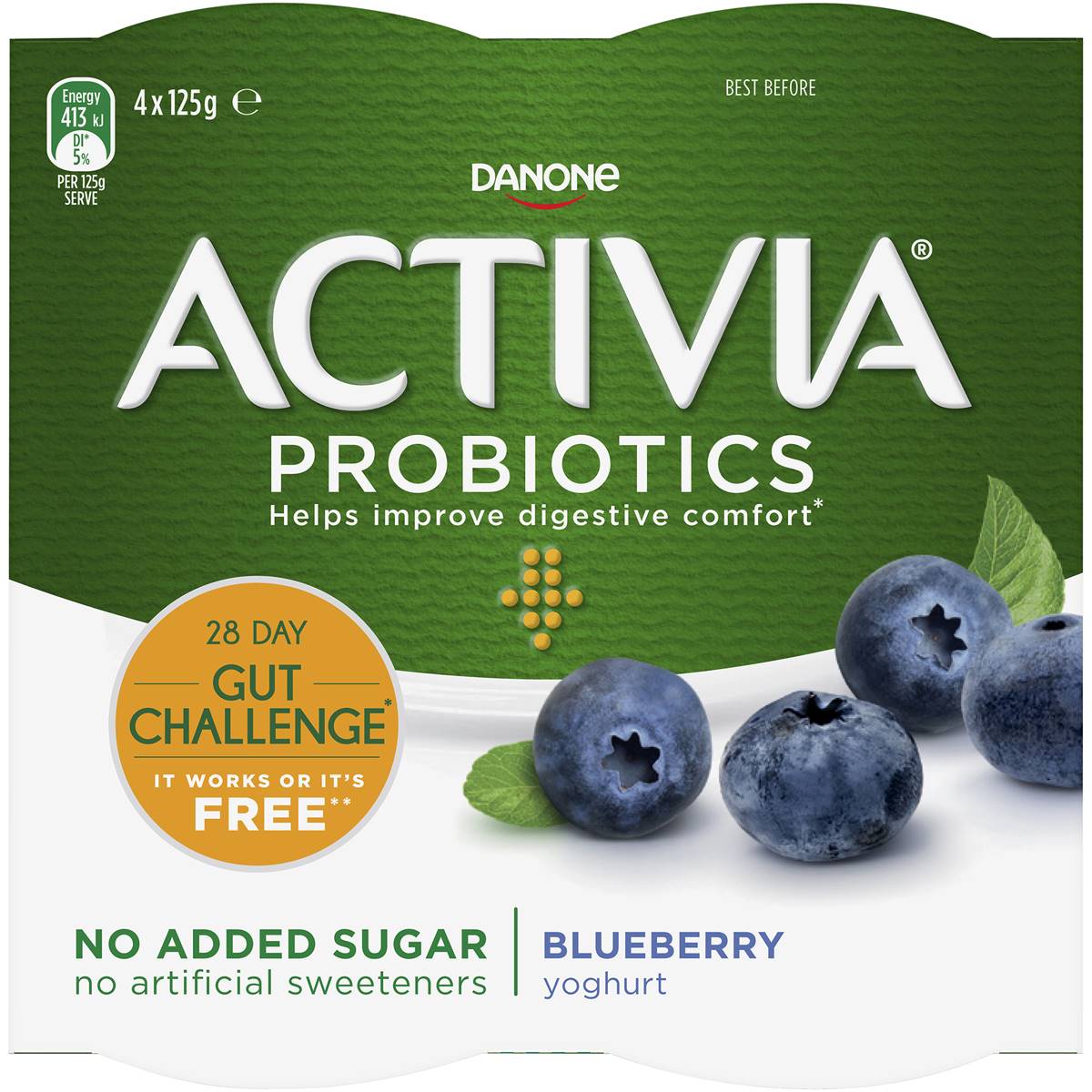 Activia Danone Probiotic Yoghurt No Added Sugar Blueberry 125g X 4 Pack
