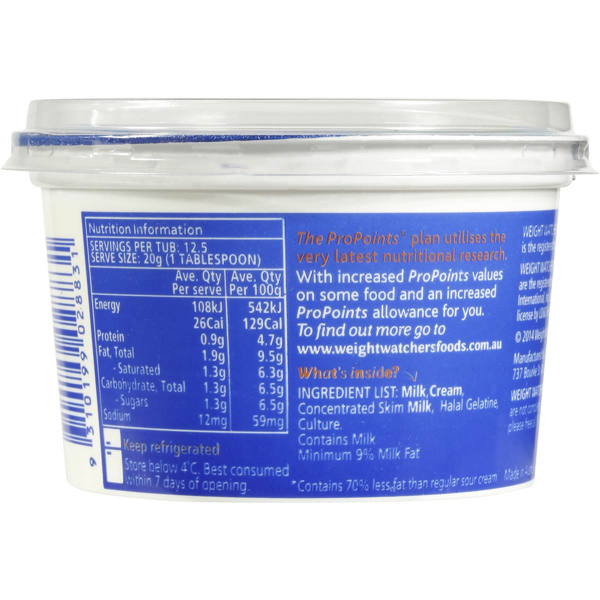 Weight Watchers Extra Lite Sour Cream 250g | Woolworths