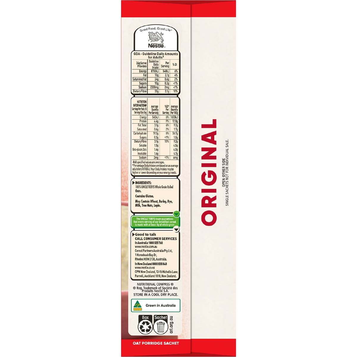 Uncle Tobys Oats Quick Sachets Original Porridge 340g Woolworths