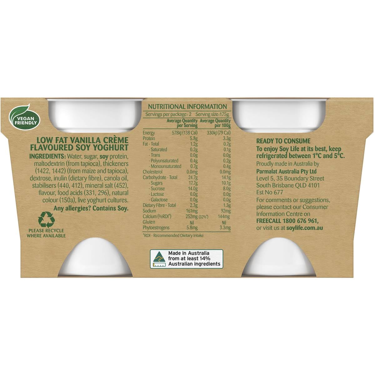 Soy Life Vanilla Creme Fat Free Yoghurt 2x175g Woolworths