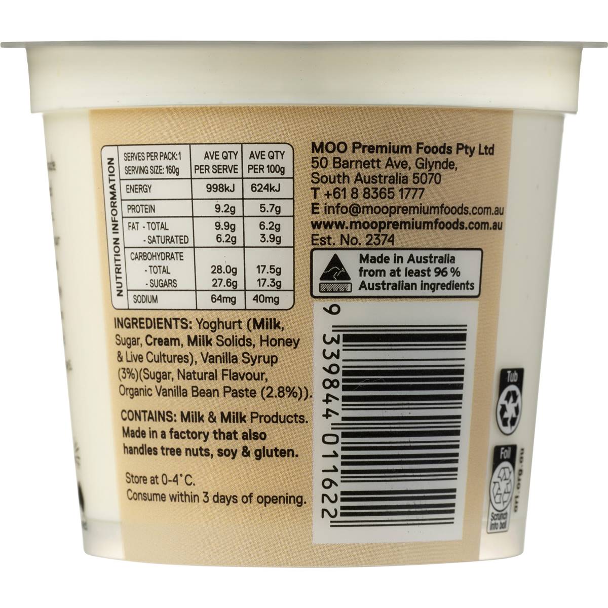 Moo Vanilla Bean Yoghurt 160g Woolworths