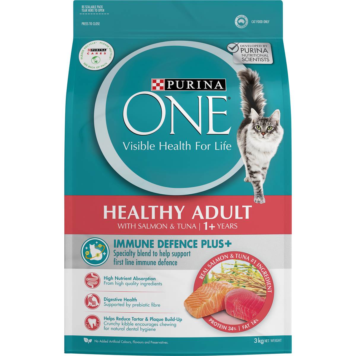 Purina One Healthy Adult With Salmon & Tuna 1+ Years Dry Cat Food 3kg ...