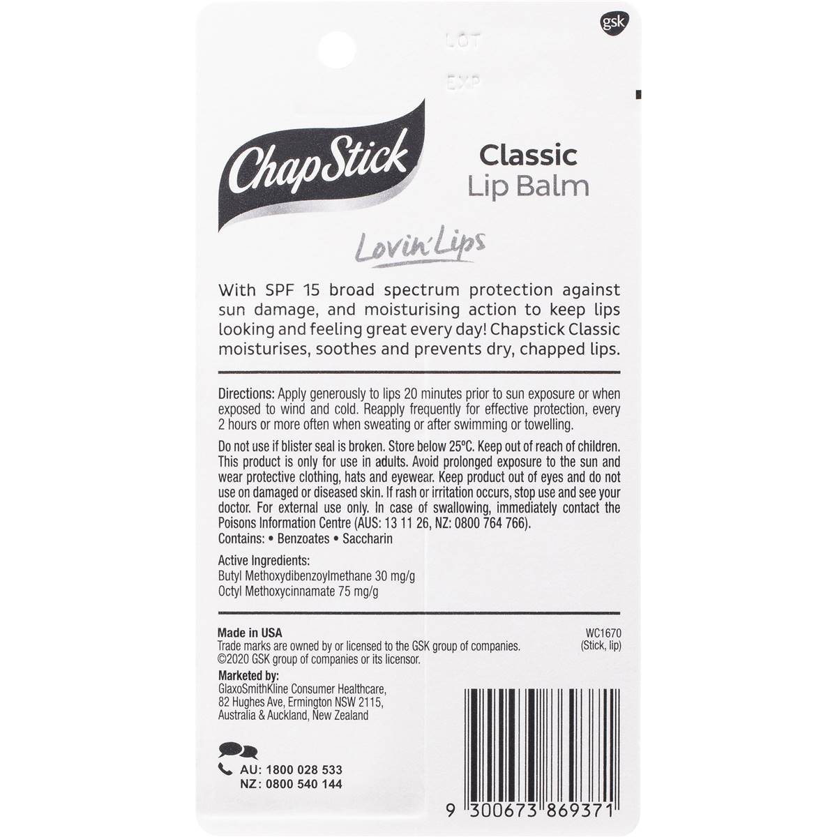 Chapstick Lip Care Classic Lip Balm Spf 15 Sunscreen 4.2g Woolworths