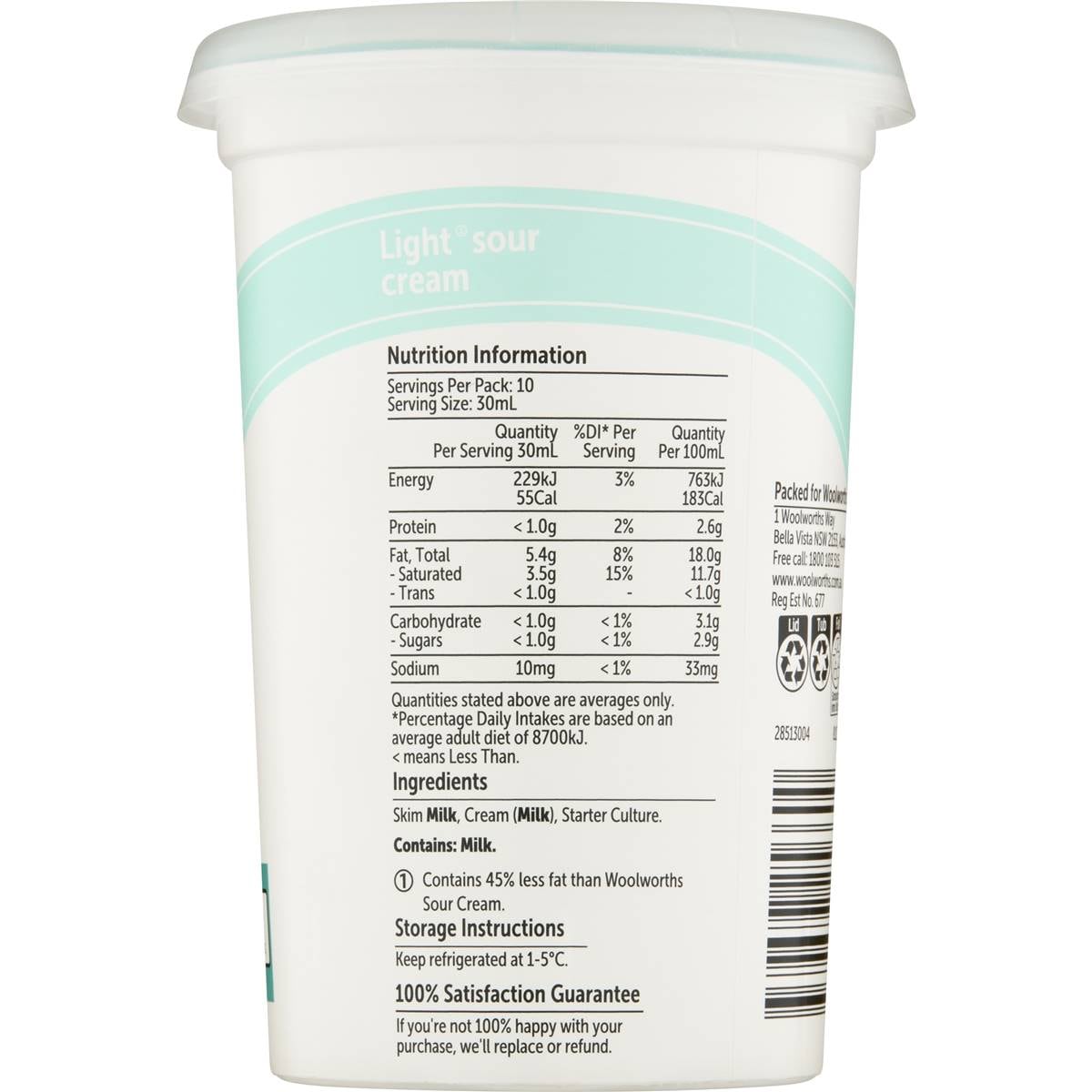 Woolworths Light Sour Cream 300ml Woolworths