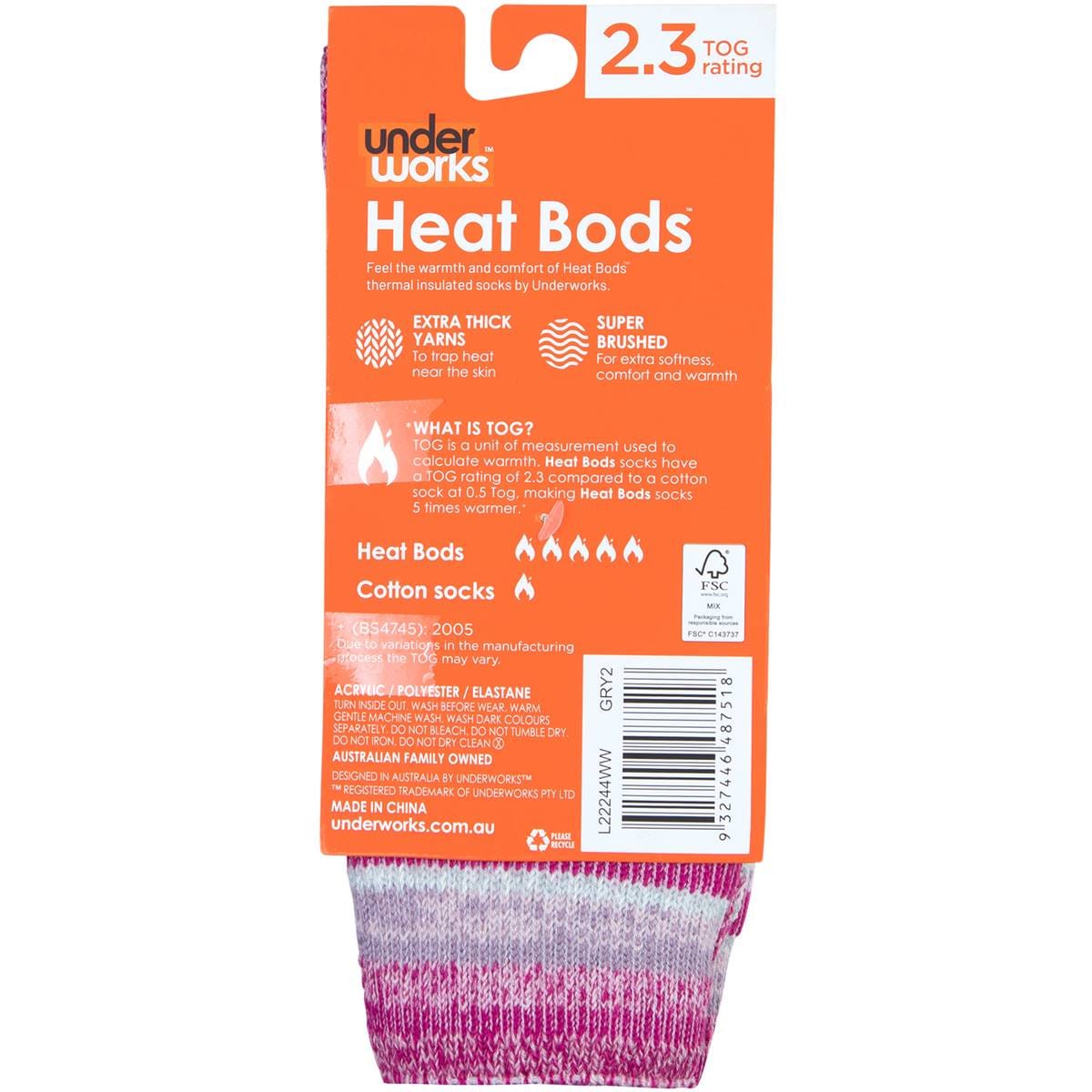 Underworks Ladies Heat Bods Thermal Tog 2.3 Socks Light Grey 58 Each