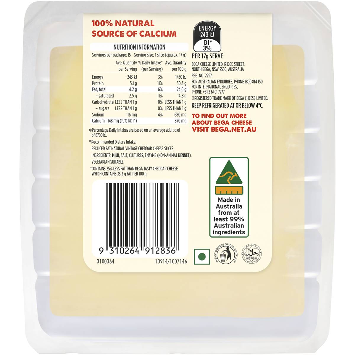 Bega Light Vintage 25 Reduced Fat Cheese Slices 15 Pack 250g Woolworths