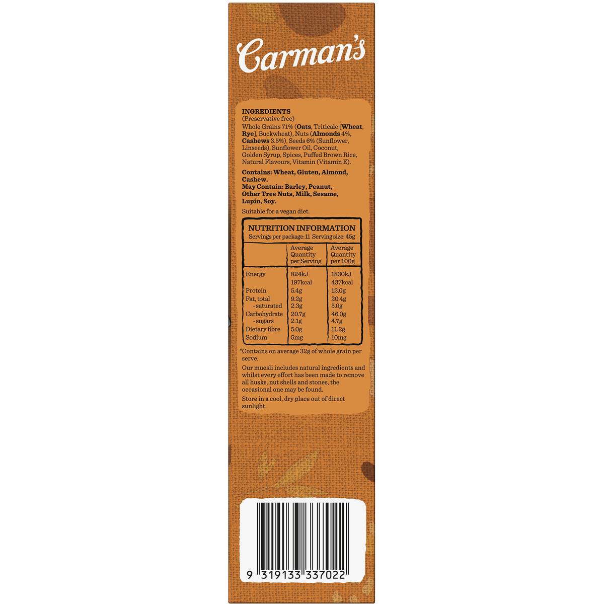 Carman's Low Sugar Toasted Almond & Cashew Muesli 500g | Woolworths