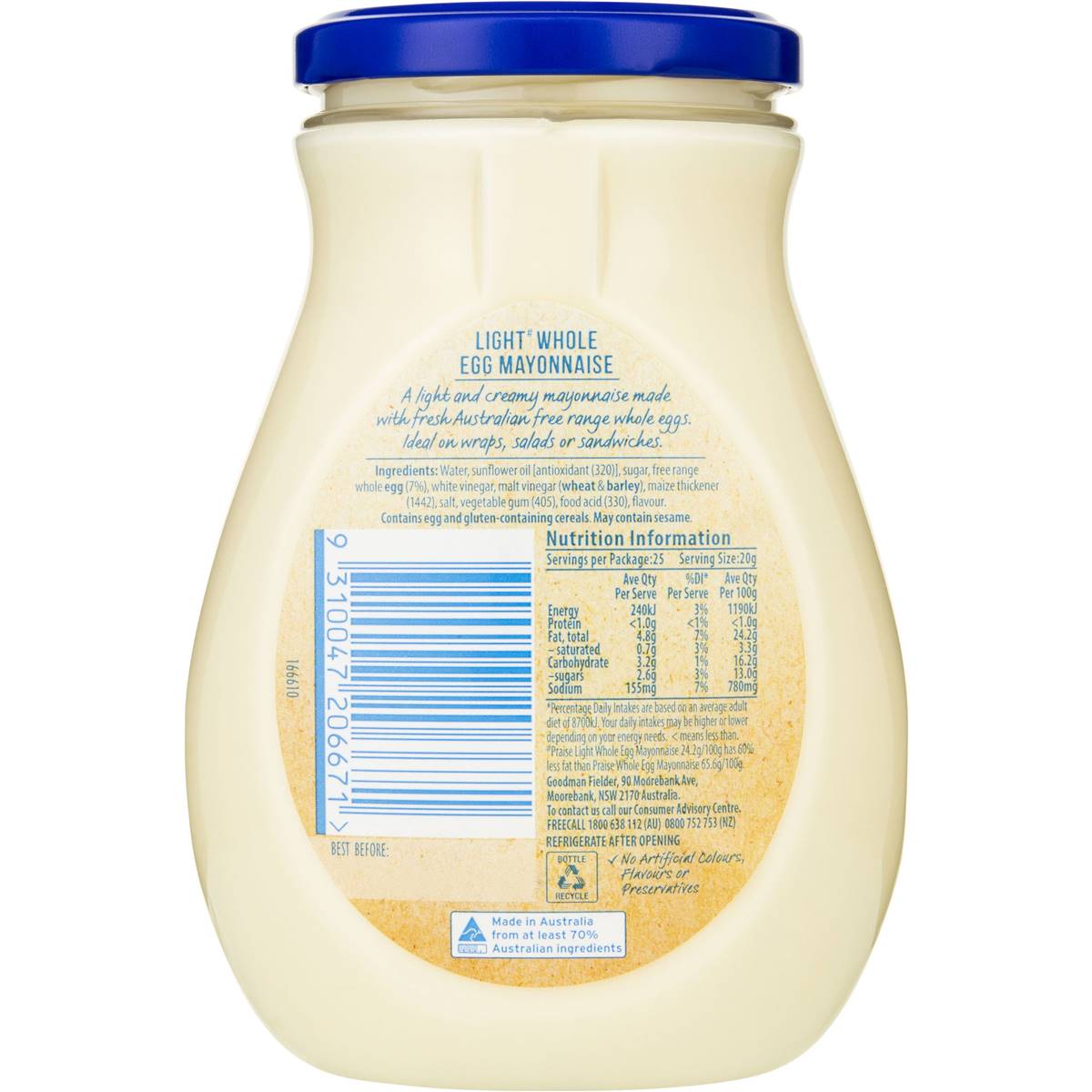 Praise Whole Egg Mayonnaise Light 510g Woolworths