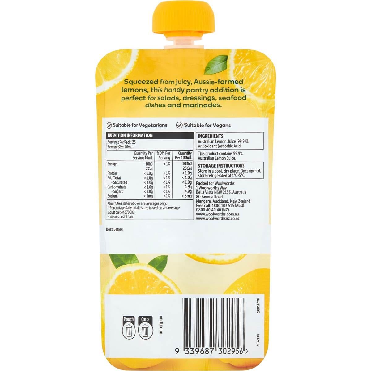Woolworths Australian Lemon Juice Pouch 250ml Woolworths