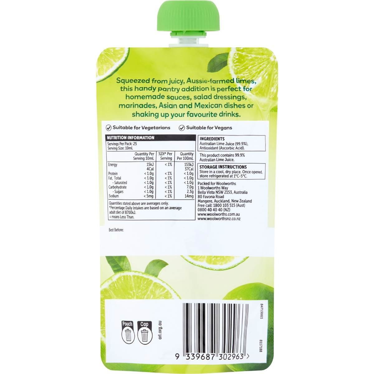 Woolworths Australian Lime Juice Pouch 250ml Woolworths