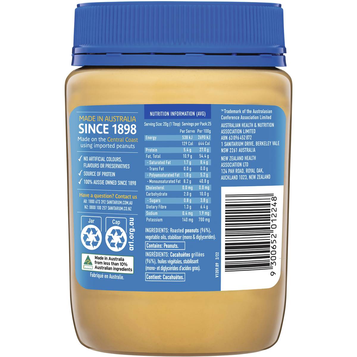 Sanitarium Smooth No Added Sugar Or Salt Peanut Butter 500g Woolworths