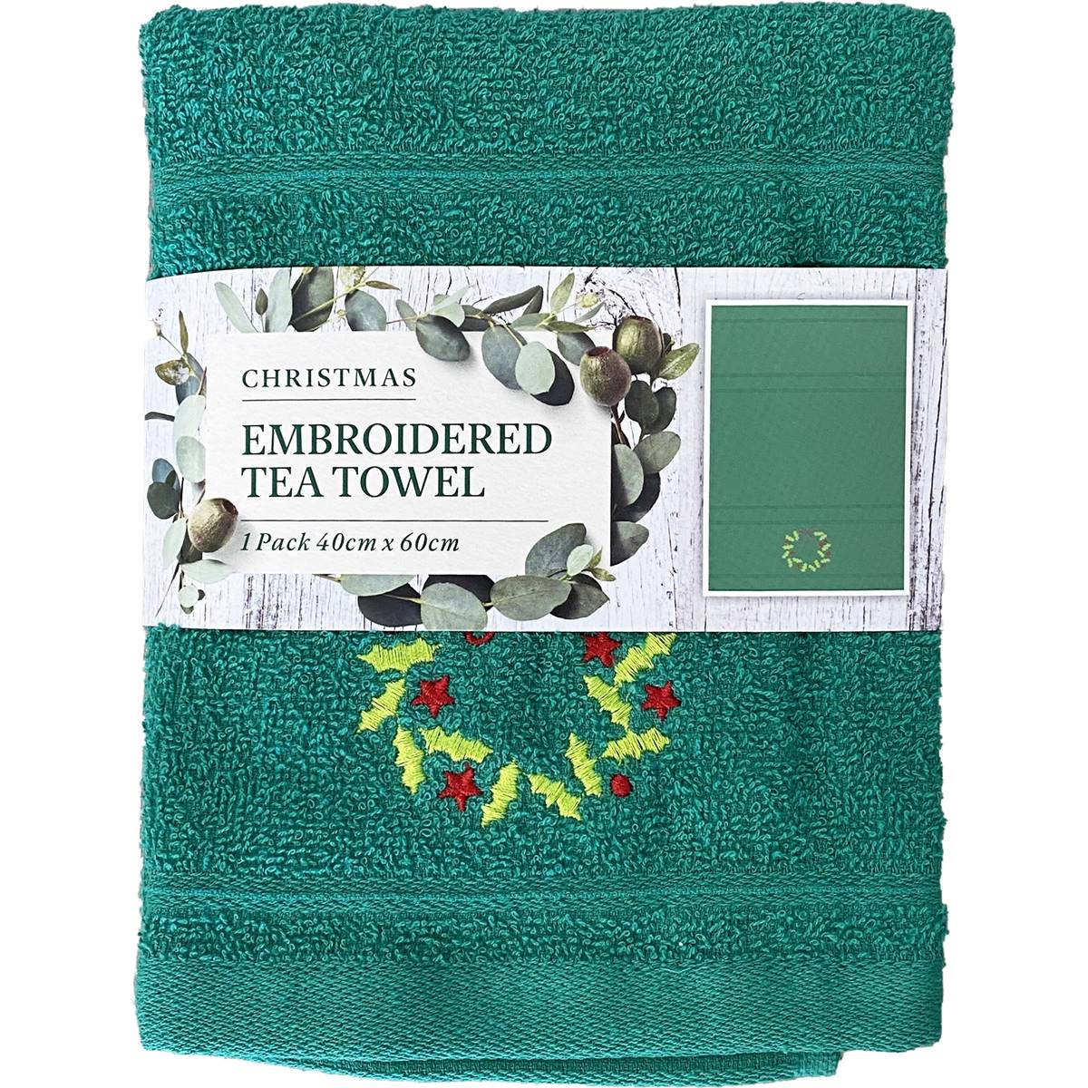 Christmas Embroidered Tea Towel Green Each Woolworths