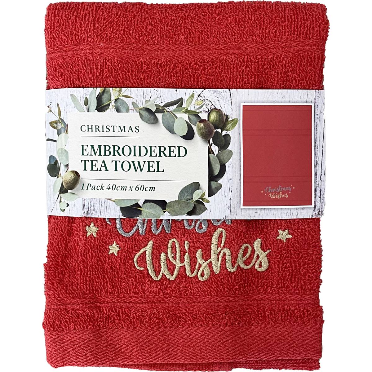 Christmas Embroidered Tea Towel Red Each Woolworths