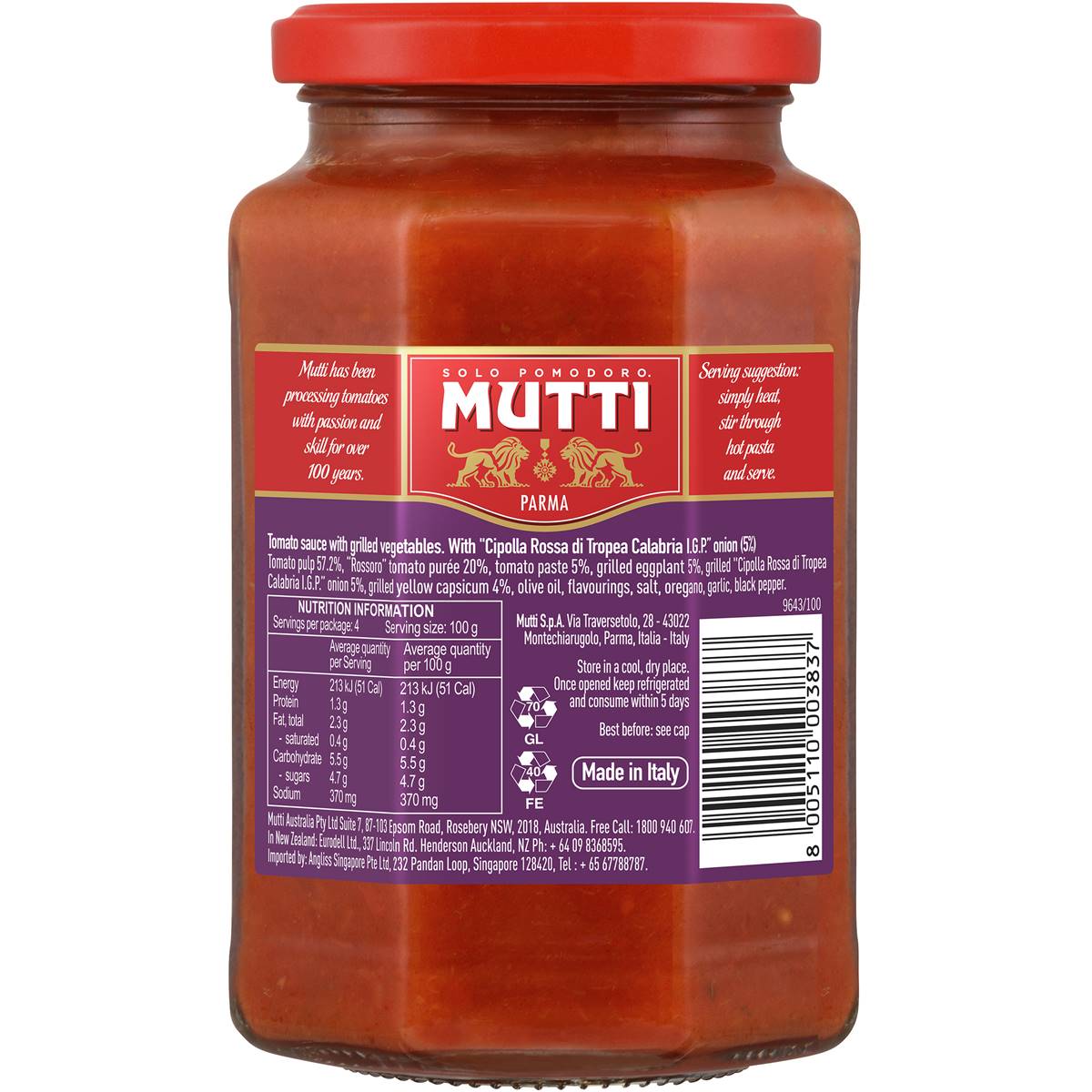 Mutti Gourmet Pasta Sauce Rossoro Tomatoes Grilled Vegetables 400g ...