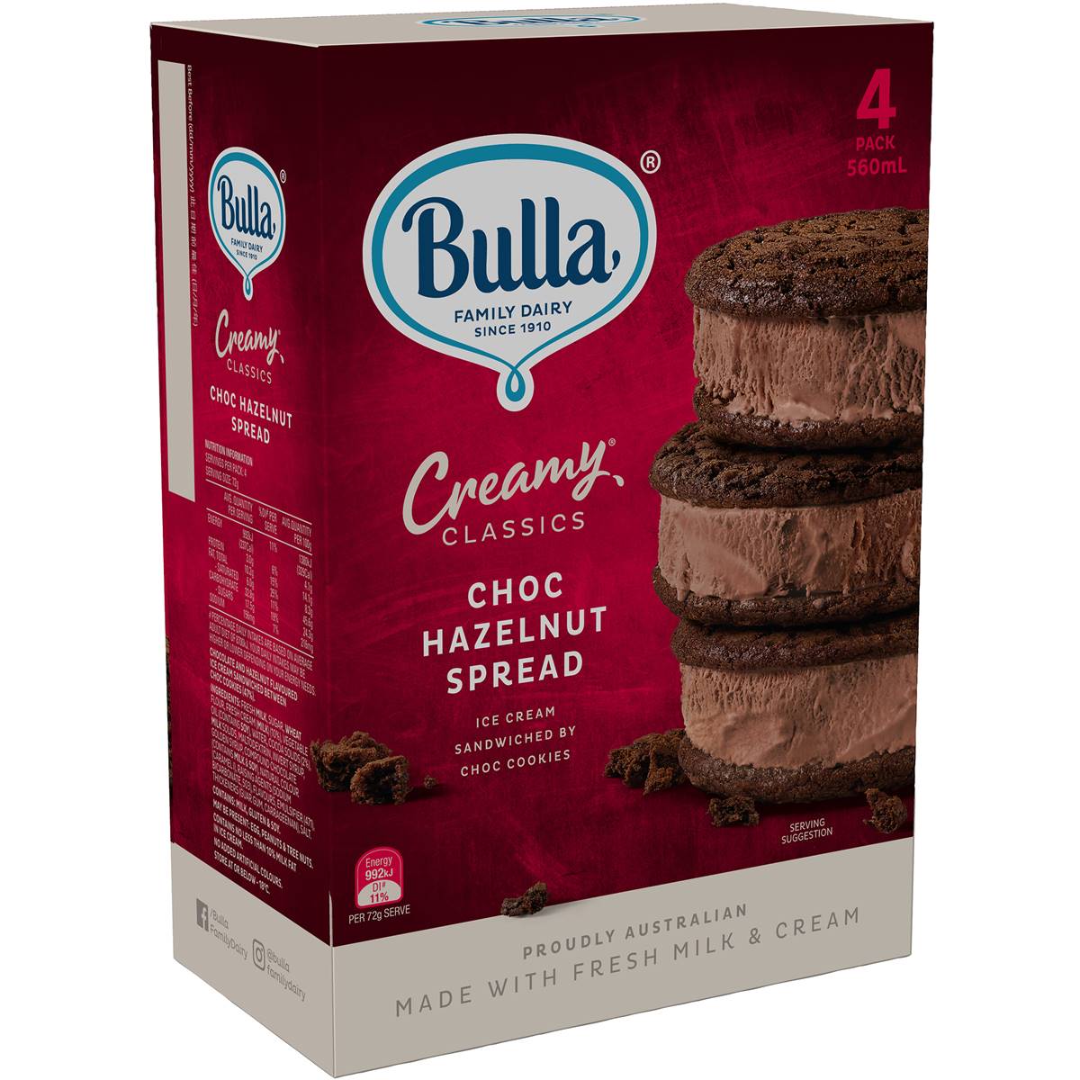 Bulla Creamy Classics Choc Hazelnut Spread Ice Cream Sandwiches 4 Pack Woolworths
