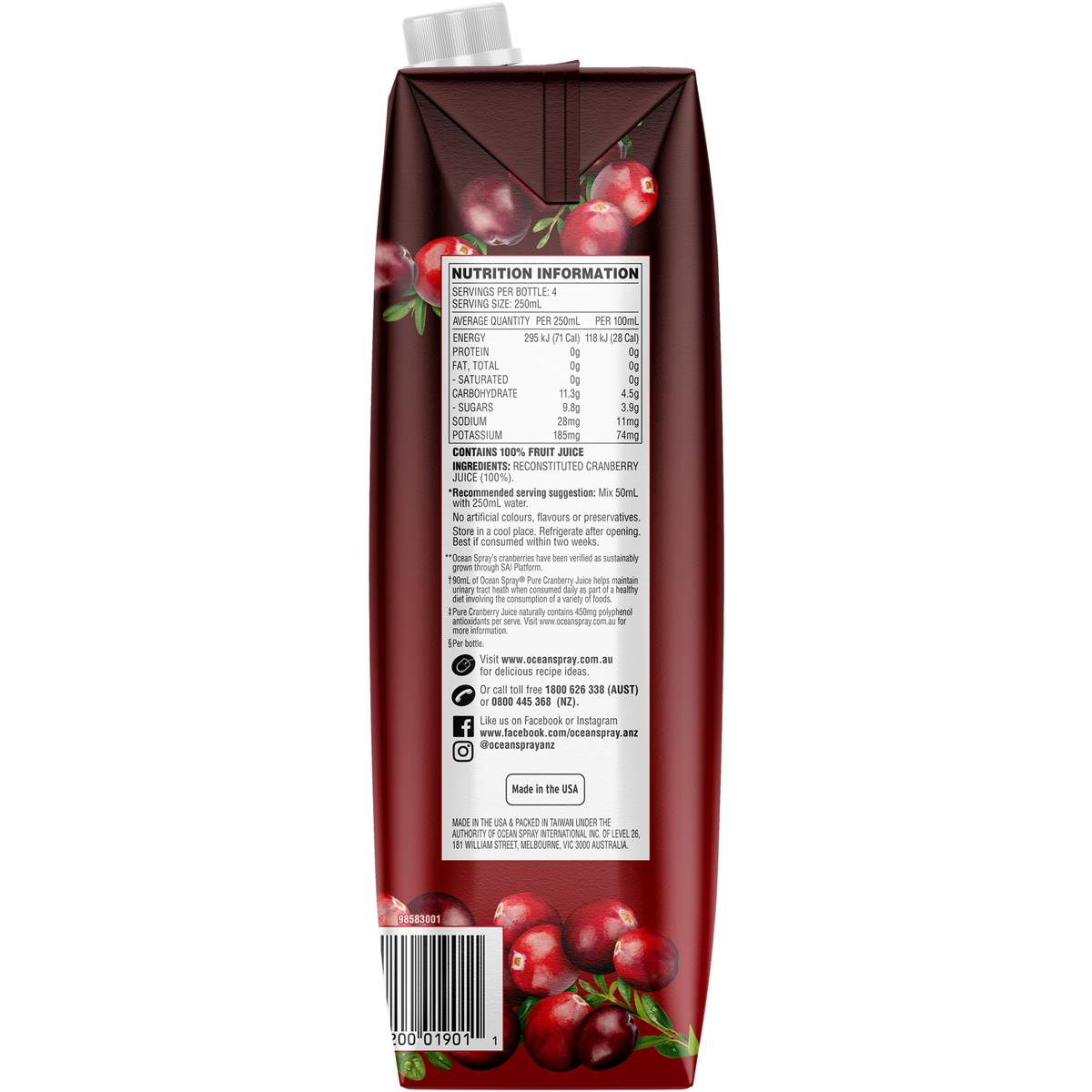 Ocean Spray Unsweetened Pure Cranberry Juice 1l Woolworths 4228