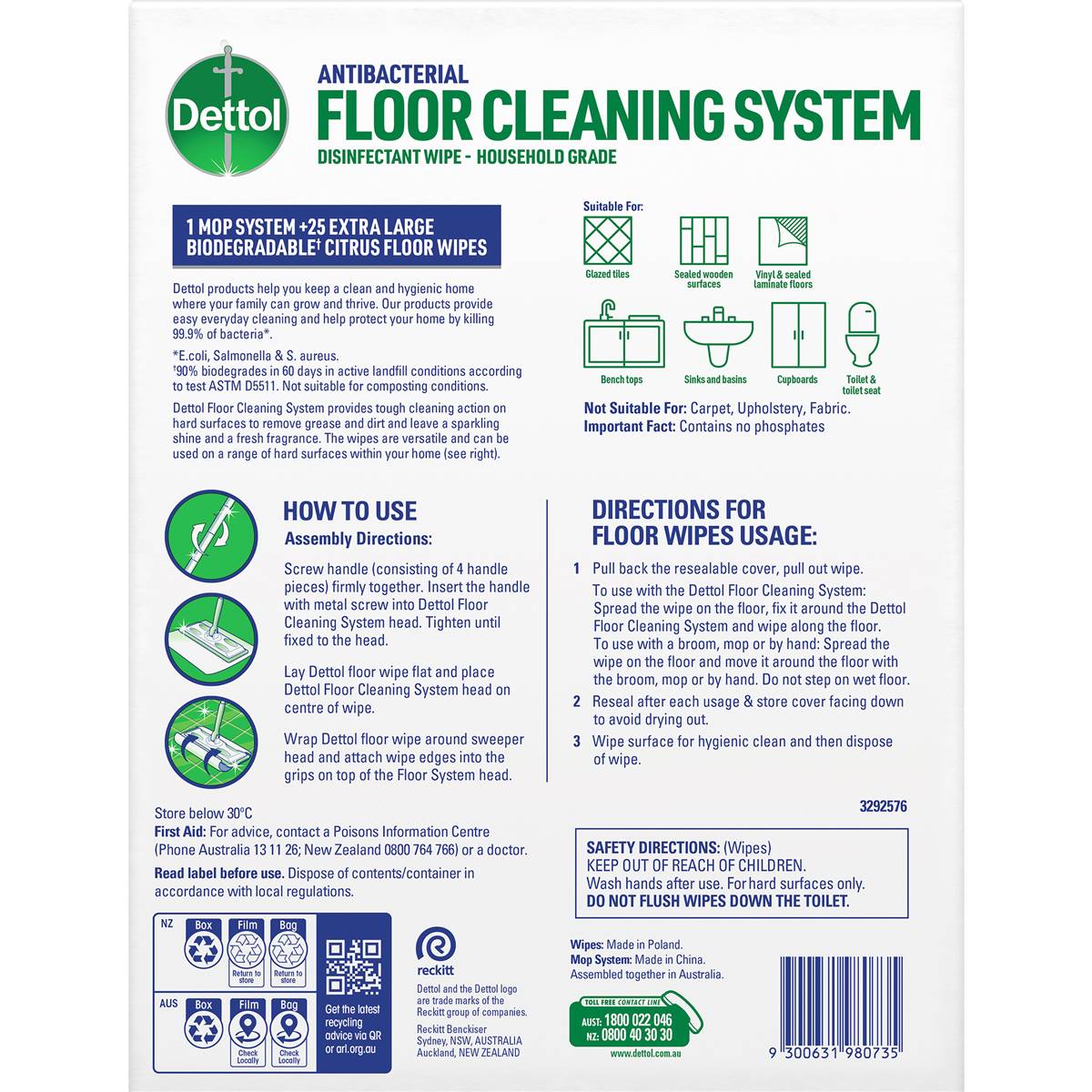 Dettol Antibacterial Floor Mop System With 25 Floor Cleaning Wipes 1 Pack Woolworths 9600