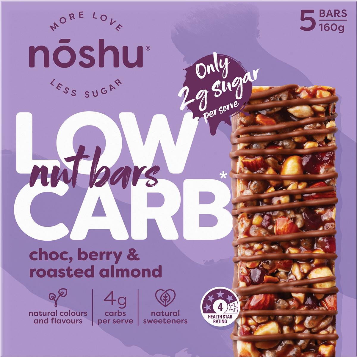 Noshu Low Carb Chocolate, Berry & Roasted Almond Nut Bars 5 Pack