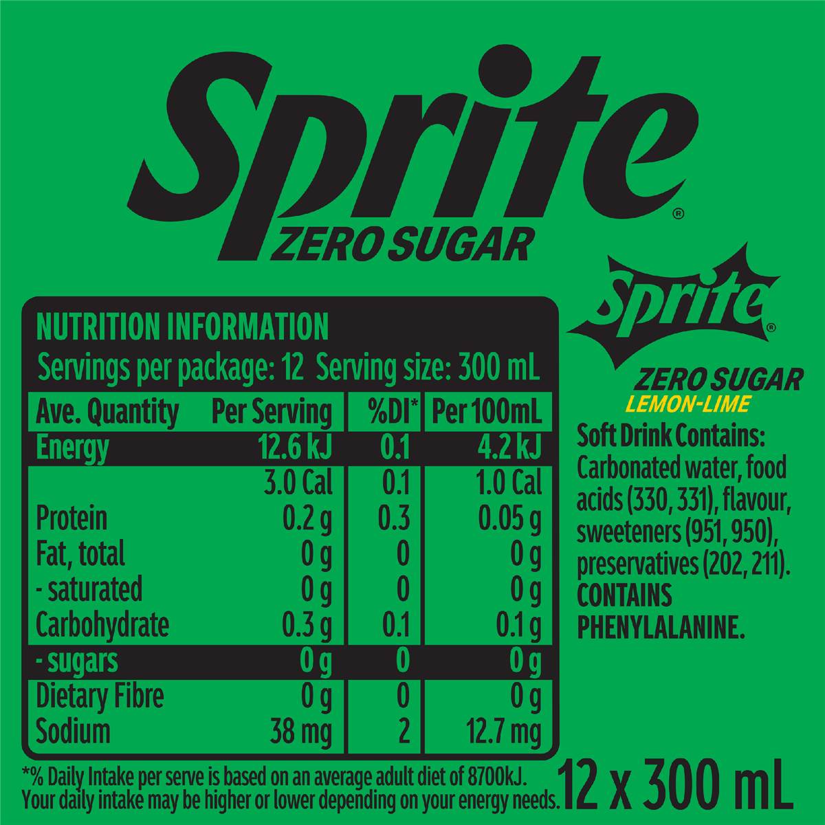 Sprite Zero Sugar Lemonade Soft Drink Mini Bottles 300ml X12 Pack 