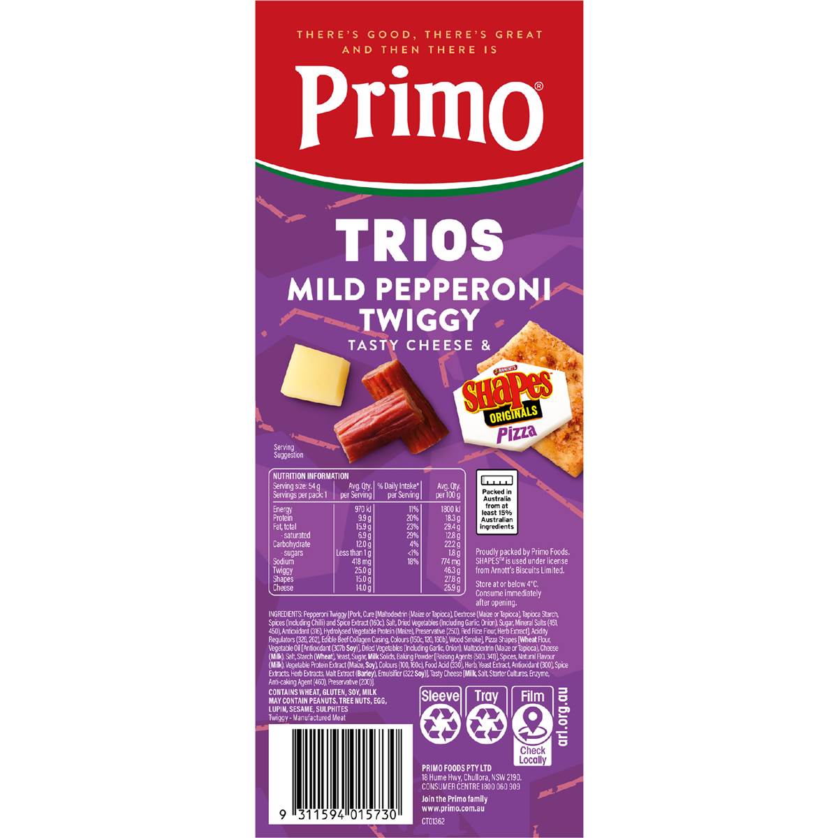 Primo Trios Arnotts Pizza Shapes & Pepperoni 54g Woolworths