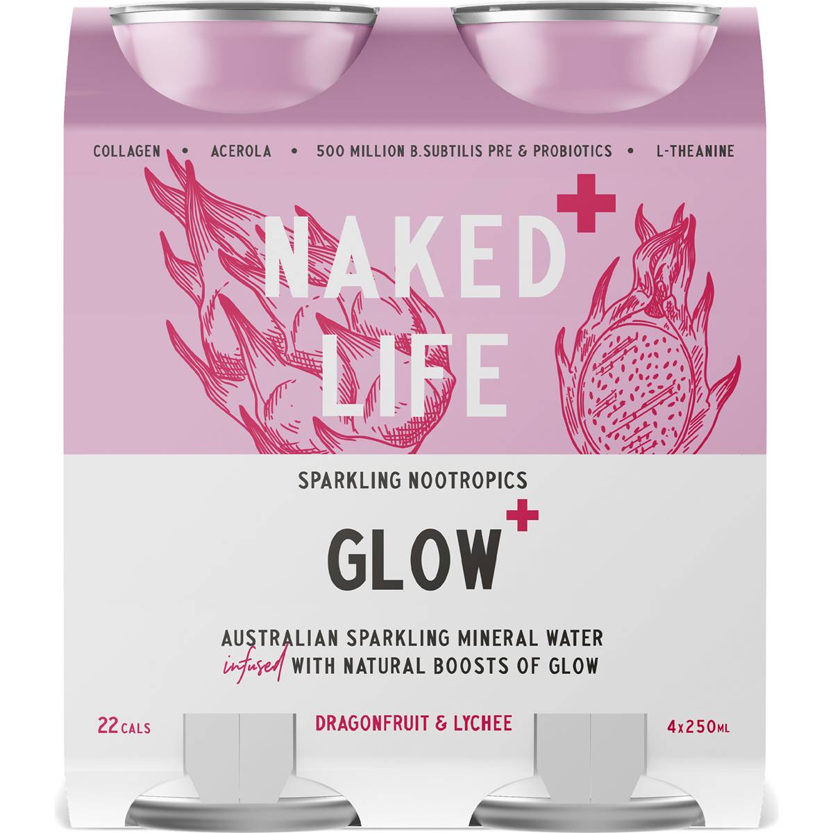 Naked Life Sparkling Nootropics Glow Dragonfruit & Lychee Cans 250ml X4  Pack | Woolworths