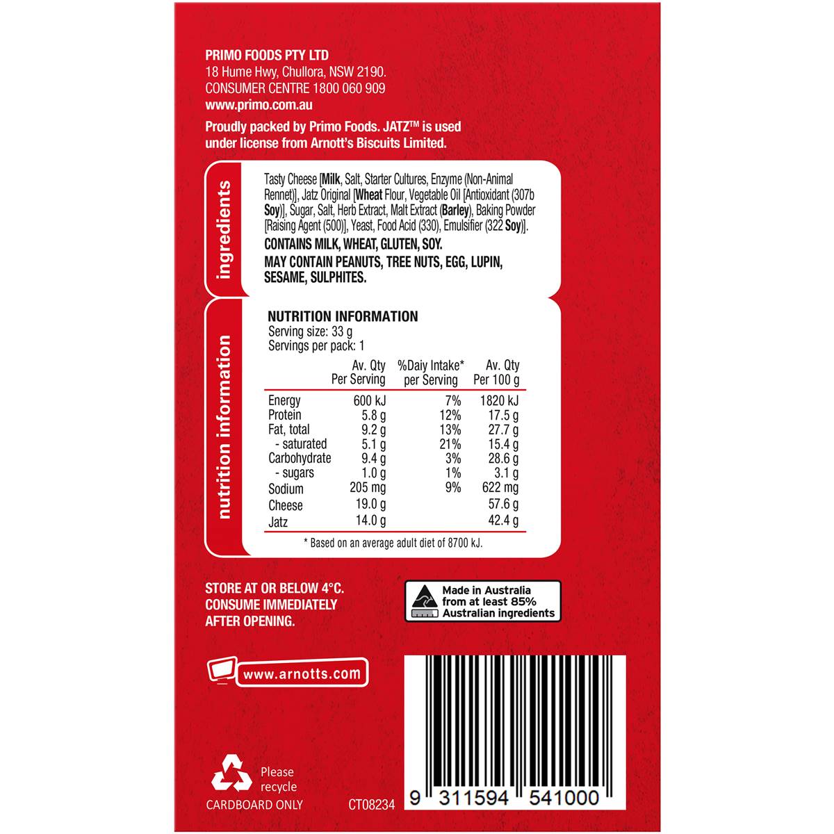 Arnott's Jatz Cracker Biscuits & Tasty Cheese 33g Woolworths