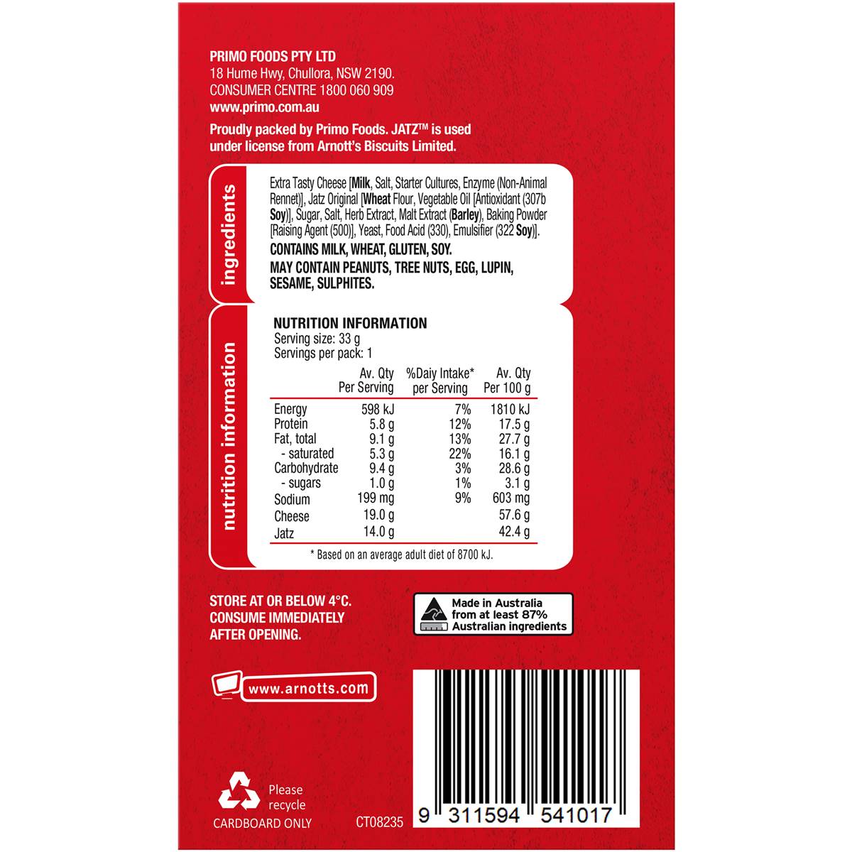 Arnott's Jatz Cracker Biscuits & Extra Tasty Cheese 33g Woolworths